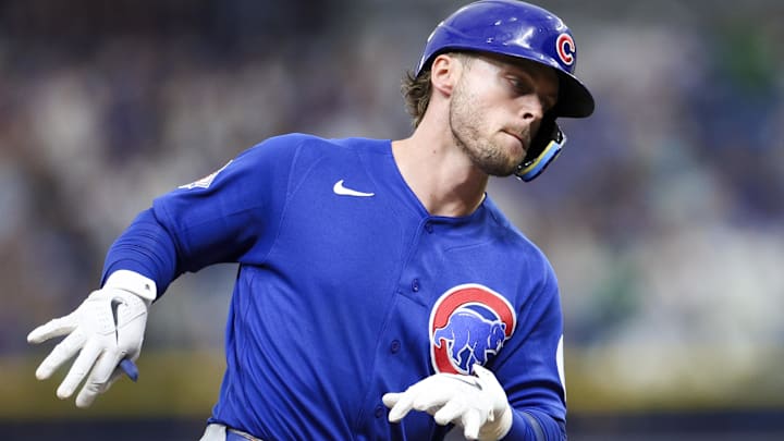 Apr 8, 2026; St. Petersburg, Florida, USA; Chicago Cubs second baseman Nico Hoerner (2) runs the bases after hitting a home run against the Tampa Bay Rays in the first inning at Tropicana Field. Mandatory Credit: Nathan Ray Seebeck-Imagn Images