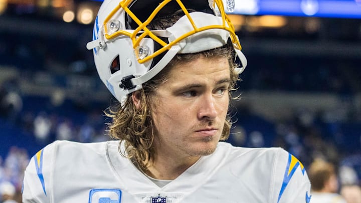 Dec 26, 2022; Indianapolis, Indiana, USA;  Los Angeles Chargers quarterback Justin Herbert (10) post game against the Indianapolis Colts at Lucas Oil Stadium. Mandatory Credit: Trevor Ruszkowski-Imagn Images