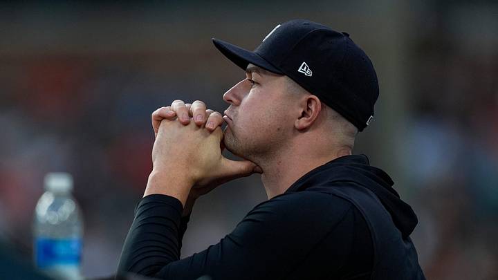 Detroit Tigers pitcher Tarik Skubal watches a play during the seventh inning between Detroit Tigers and Los Angeles Angels at Comerica Park in Detroit on Wednesday, May 27, 2026.