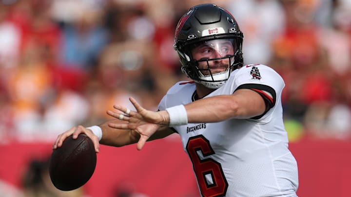 Buccaneers quarterback Baker Mayfield threw for 256 yards and two touchdowns in Tampa Bay's win over San Francisco on Sunday. Buccaneers quarterback Baker Mayfield threw for 256 yards and two touchdowns in Tampa Bay's win over San Francisco on Sunday.
