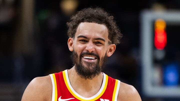 Trae Young reacts in the first half against the Indiana Pacers at Gainbridge Fieldhouse.
