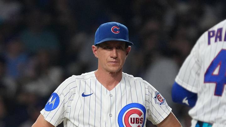 Sep 2, 2026; Chicago, Illinois, USA;  Chicago Cubs manager Craig Counsell (11) watches pitcher Daniel Palencia (48) to make sure he's alright against the Milwaukee Brewers during the seventh inning at Wrigley Field. David Banks-Imagn Images