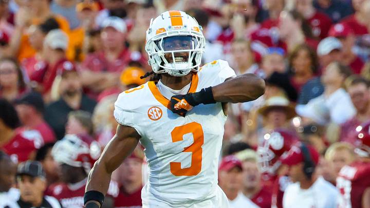 Sep 21, 2024; Norman, Oklahoma, USA; Tennessee Volunteers defensive back Jermod McCoy (3) reacts after making an interception during the first quarter against the Oklahoma Sooners at Gaylord Family-Oklahoma Memorial Stadium. Mandatory Credit: Kevin Jairaj-Imagn Images Sep 21, 2024; Norman, Oklahoma, USA; Tennessee Volunteers defensive back Jermod McCoy (3) reacts after making an interception during the first quarter against the Oklahoma Sooners at Gaylord Family-Oklahoma Memorial Stadium. Mandatory Credit: Kevin Jairaj-Imagn Images