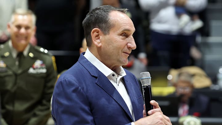 Nov 11, 2025; West Point, New York, USA; Former Duke Blue Devils and Army head coach Mike Krzyzewski is honored by West Point before a game between the Army Black Knights and Duke Blue Devils at Christl Arena. Mandatory Credit: Danny Wild-Imagn Images Nov 11, 2025; West Point, New York, USA; Former Duke Blue Devils and Army head coach Mike Krzyzewski is honored by West Point before a game between the Army Black Knights and Duke Blue Devils at Christl Arena. Mandatory Credit: Danny Wild-Imagn Images
