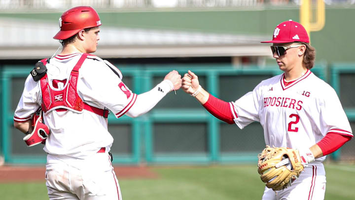 Indiana catcher TJ Schuyler and second baseman Jasen Oliver against UNLV in Arizona.