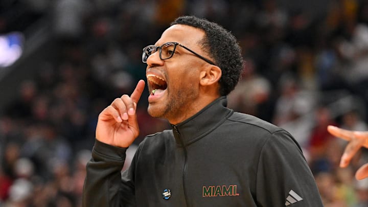 Mar 20, 2026; St. Louis, MO, USA; Miami (FL) Hurricanes head coach Jai Lucas reacts from the sidelines during the first half against the Missouri Tigers during a first round game of the men's 2026 NCAA Tournament at Enterprise Center. Mandatory Credit: Jeff Curry-Imagn Images Mar 20, 2026; St. Louis, MO, USA; Miami (FL) Hurricanes head coach Jai Lucas reacts from the sidelines during the first half against the Missouri Tigers during a first round game of the men's 2026 NCAA Tournament at Enterprise Center. Mandatory Credit: Jeff Curry-Imagn Images
