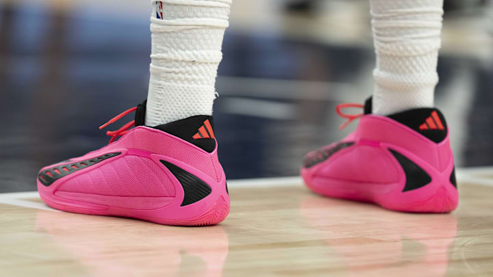 Anthony Edwards wears the adidas Anthony Edwards 2 "Pink" colorway.