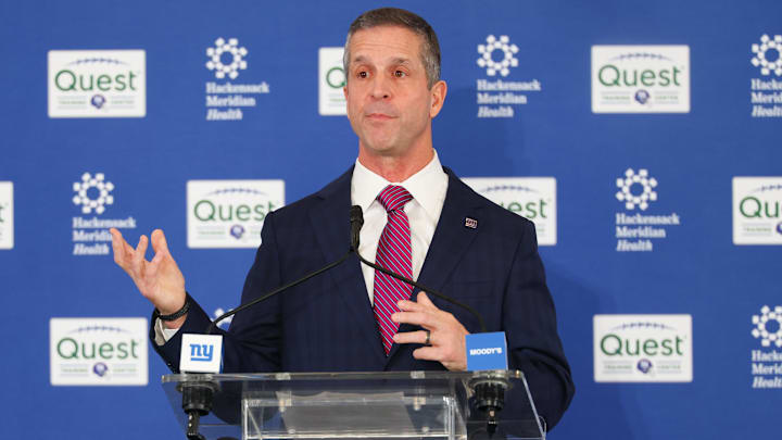 Jan 20, 2026; East Rutherford, NJ, USA; New York Giants head coach John Harbaugh speaks at the press conference announcing his hiring