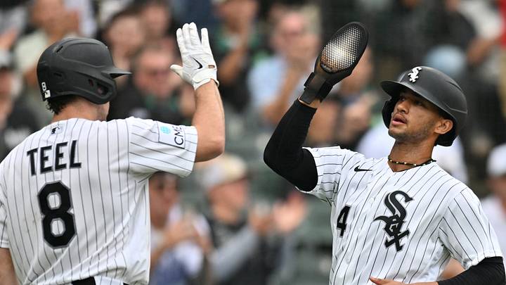 Sep 19, 2026; Chicago, Illinois, USA;  Chicago White Sox right fielder Braden Montgomery (24) celebrates with catcher Kyle Teel (8) after scoring against the Detroit Tigers during the fifth inning at Rate Field.  Mandatory Credit: Patrick Gorski-Imagn Images