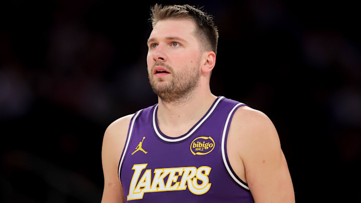 Feb 1, 2026; New York, New York, USA; Los Angeles Lakers guard Luka Doncic (77) during the second quarter against the New York Knicks at Madison Square Garden. Mandatory Credit: Brad Penner-Imagn Images