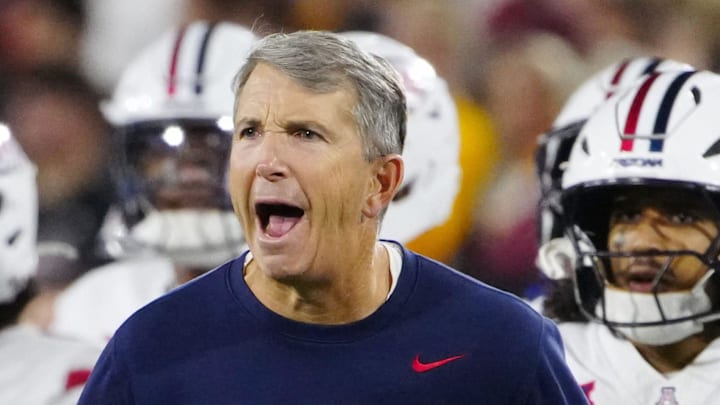 Arizona head coach Brent Brennan celebrates during a game against Arizona State at Mountain America Stadium in Tempe on Nov. 28, 2025. Arizona head coach Brent Brennan celebrates during a game against Arizona State at Mountain America Stadium in Tempe on Nov. 28, 2025.