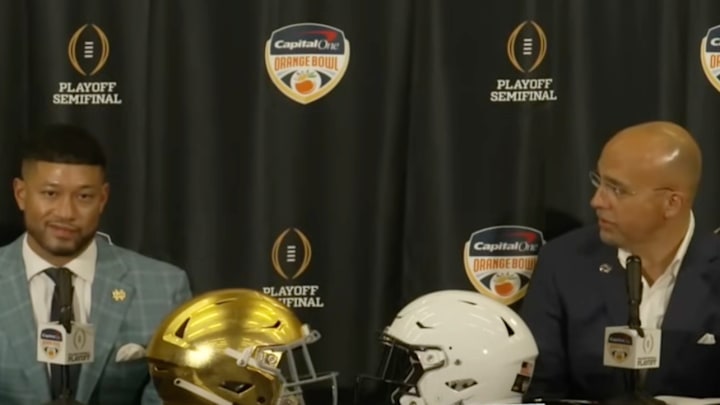 Notre Dame Fighting Irish coach Marcus Freeman (left) and Penn State Nittany Lions coach James Franklin speak to the media at a joint news conference before the Orange Bowl on January 8, 2025. 