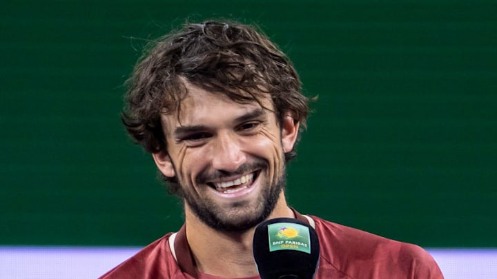 Valentin Vacherot speaks in a post-match interview Valentin Vacherot speaks in a post-match interview