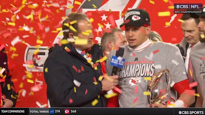 Kansas City Chiefs quarterback Patrick Mahomes speaks to reporters after winning the AFC Championship on Jan. 26, 2025.