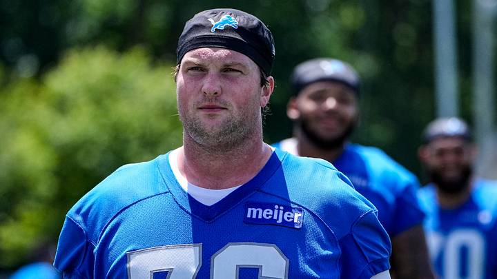 Detroit Lions rookie offensive tackle Blake Miller works during training camp ahead of the 2026 NFL season.