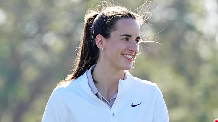 Indiana Fever guard Caitlin Clark waits on the 11th tee during the LPGA Gainbridge Pro Am at Pelican Golf Club in Florida.