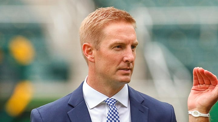 Nov 5, 2016; Waco, TX, USA;  Fox Sports analyst Joel Klatt and TCU Horned Frogs co-offensive coordinator Doug Meacham on the field prior to a game against the Baylor Bears at McLane Stadium. TCU won 62-22. Mandatory Credit: Ray Carlin-Imagn Images