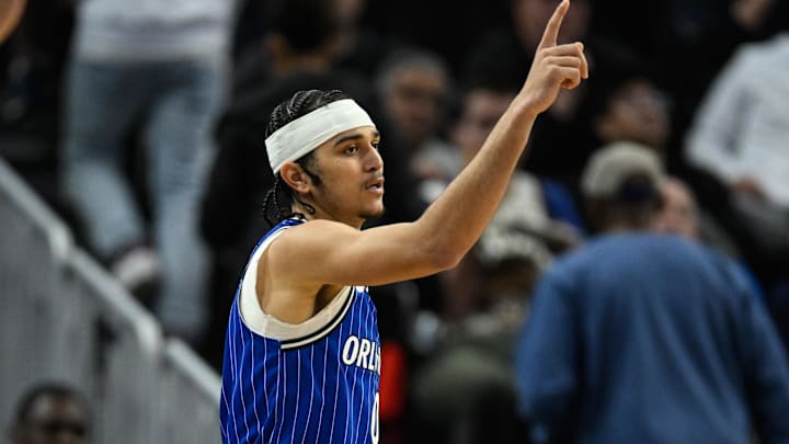 Orlando Magic guard Anthony Black hit a big 3-pointer at the Chase Center before the Golden State Warriors took control. He'll remain in the starting lineup with Jalen Suggs out. Mandatory Credit: Eakin Howard-Imagn Images