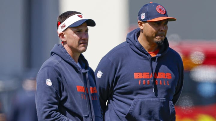Dennis Allen looks on in practice with Bears GM Ryan Poles. Allen has had to rely heavily on the bench Poles provided but he has made it work. Dennis Allen looks on in practice with Bears GM Ryan Poles. Allen has had to rely heavily on the bench Poles provided but he has made it work.