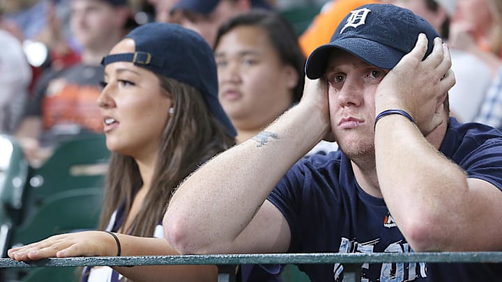 A Detroit Tiger fan reacts as the Houston Astros play the Tigers in the ninth inning at Minute Maid Park.