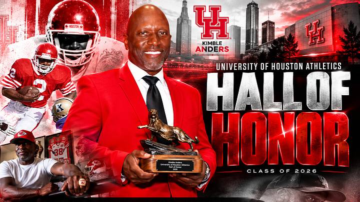Kimble Anders inducted as a member of the University of Houston Hall of Honor's Class of 2026. Kimble Anders inducted as a member of the University of Houston Hall of Honor's Class of 2026.
