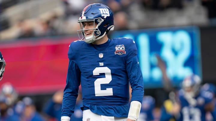 Giants quarterback Drew Lock celebrates after a touchdown during New York's win over Indianapolis. Giants quarterback Drew Lock celebrates after a touchdown during New York's win over Indianapolis.
