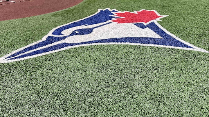 The Toronto Blue Jays logo during batting practice against the Cleveland Guardians at Rogers Centre in Toronto on Aug. 14, 2022.