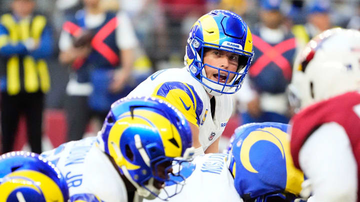 Los Angeles Rams quarterback Matthew Stafford (9) against the Arizona Cardinals in the first half at State Farm Stadium on Dec 7, 2025, in Glendale, Ariz. Los Angeles Rams quarterback Matthew Stafford (9) against the Arizona Cardinals in the first half at State Farm Stadium on Dec 7, 2025, in Glendale, Ariz.