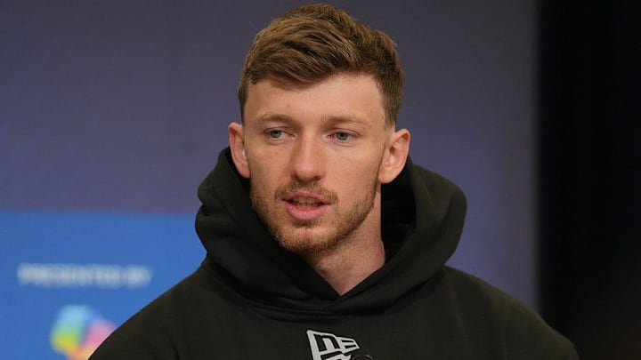 Oregon S Dillon Thieneman meets with the media at the 2026 NFL Combine.