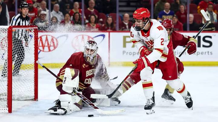 Boston College goaltender Louka Cloutier gets a face full of snow as Tory Pitner tries to score for Denver on Oct. 24, 2026 at Magness Arena. 