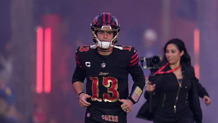 Santa Clara, California, USA; San Francisco 49ers quarterback Brock Purdy (13) takes the field before the game at Levi's Stadium. Mandatory Credit: Neville E. Guard-Imagn Images