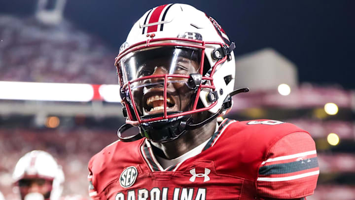 Sep 9, 2023; Columbia, South Carolina, USA; South Carolina Gamecocks wide receiver Nyck Harbor (8) celebrates a touchdown during the third quarter at Williams-Brice Stadium. Mandatory Credit: Jeff Blake-Imagn Images