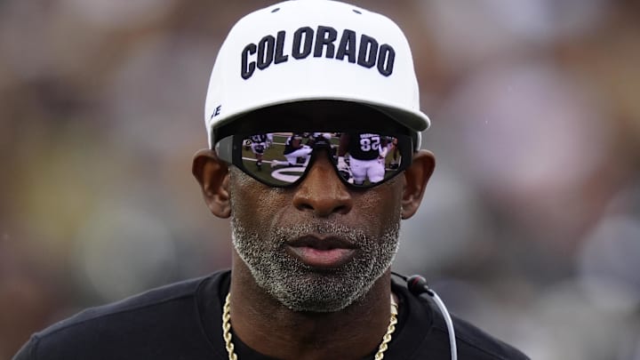 Oct 11, 2025; Boulder, Colorado, USA; Colorado Buffaloes head coach Deion Sanders before the game against the Iowa State Cyclones  at Folsom Field. Mandatory Credit: Ron Chenoy-Imagn Images