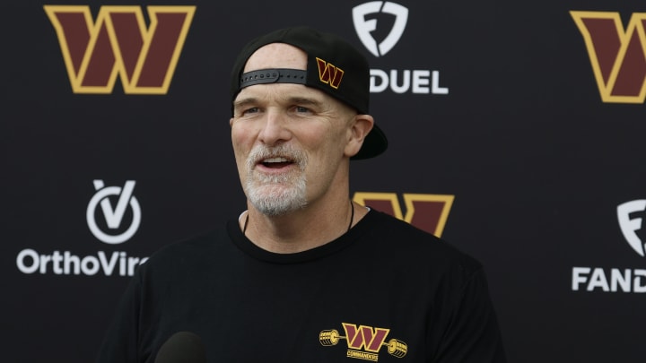 Jun 5, 2024; Ashburn, VA, USA; Washington Commanders head coach Dan Quinn speaks with the media prior to an OTA workout at Commanders Park. Mandatory Credit: Geoff Burke-USA TODAY Sports