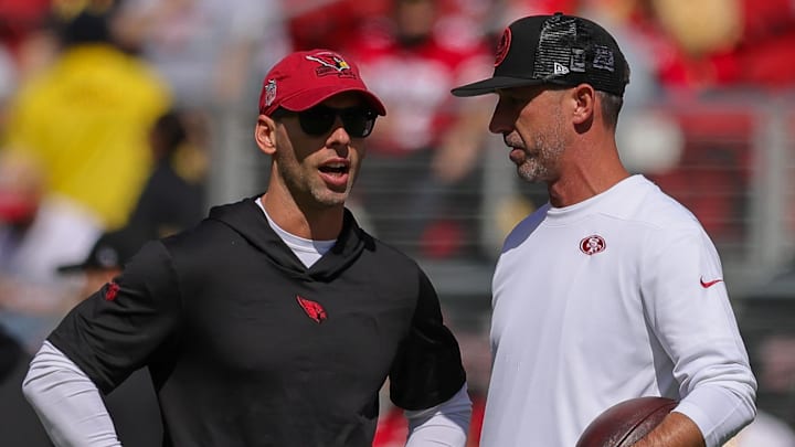Oct 1, 2023; Santa Clara, California, USA; San Francisco 49ers head coach Kyle Shanahan and Arizona Cardinals head coach Jonathan Gannon meet before the game at Levi's Stadium. Mandatory Credit: Sergio Estrada-Imagn Images Oct 1, 2023; Santa Clara, California, USA; San Francisco 49ers head coach Kyle Shanahan and Arizona Cardinals head coach Jonathan Gannon meet before the game at Levi's Stadium. Mandatory Credit: Sergio Estrada-Imagn Images