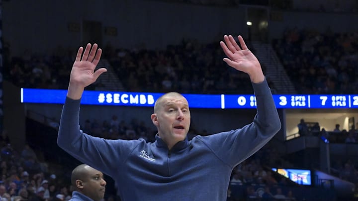 Mar 13, 2026; Nashville, TN, USA; Kentucky Wildcats head coach Mark Pope reacts to a call against the Florida Gators during the first half at Bridgestone Arena. Mandatory Credit: Steve Roberts-Imagn Images Mar 13, 2026; Nashville, TN, USA; Kentucky Wildcats head coach Mark Pope reacts to a call against the Florida Gators during the first half at Bridgestone Arena. Mandatory Credit: Steve Roberts-Imagn Images