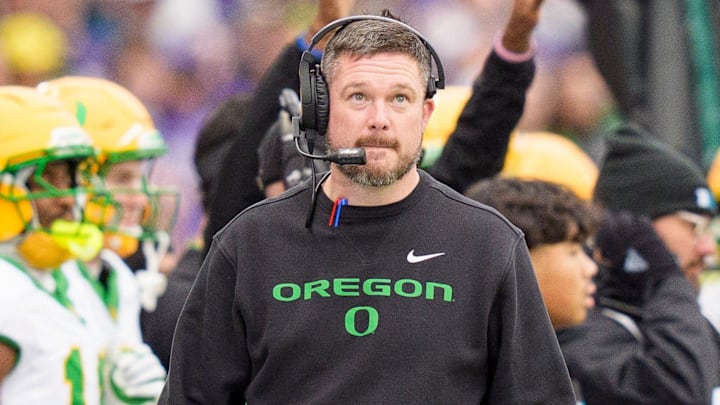 Oregon head coach Dan Lanning walks the sideline as the Oregon Ducks take on the Washington Huskies on Nov. 29, 2025, at Husky Stadium in Seattle, Washington.