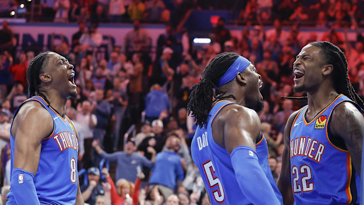 Apr 8, 2025; Oklahoma City, Oklahoma, USA; Oklahoma City Thunder forward Jalen Williams (8), guard Luguentz Dort (5) celebrate with guard Cason Wallace (22) after he made a basket against the Los Angeles Lakers during the second half at Paycom Center. Mandatory Credit: Alonzo Adams-Imagn Images Apr 8, 2025; Oklahoma City, Oklahoma, USA; Oklahoma City Thunder forward Jalen Williams (8), guard Luguentz Dort (5) celebrate with guard Cason Wallace (22) after he made a basket against the Los Angeles Lakers during the second half at Paycom Center. Mandatory Credit: Alonzo Adams-Imagn Images