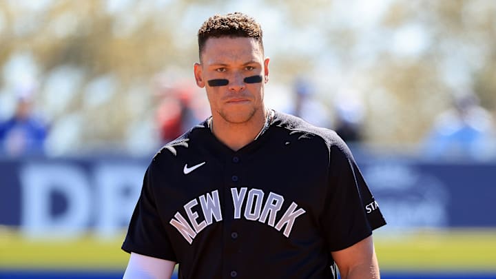 Feb 24, 2026; Dunedin, Florida, USA;  New York Yankees right fielder Aaron Judge (99) looks on against the Toronto Blue Jays during the second inning at TD Ballpark. Mandatory Credit: Kim Klement Neitzel-Imagn Images