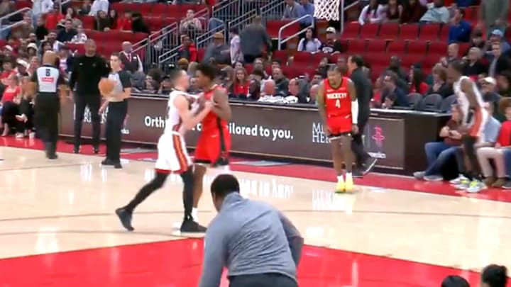 Tyler Herro and Amen Thompson get into an altercation during the Miami Heat's game against the Houston Rockets.