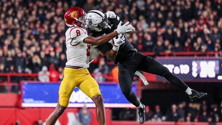 Nebraska defensive back Andrew Marshall grabs an interception in front of USC wideout Ja'Kobi Lane. Nebraska defensive back Andrew Marshall grabs an interception in front of USC wideout Ja'Kobi Lane.