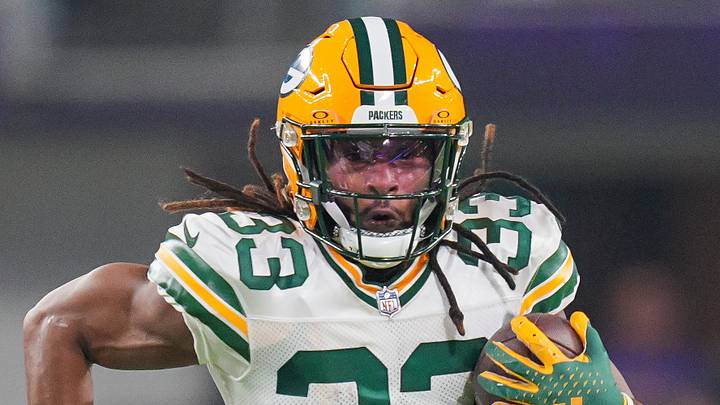 Green Bay Packers running back Aaron Jones in 2023 against the Minnesota Vikings; Brad Rempel Green Bay Packers running back Aaron Jones in 2023 against the Minnesota Vikings; Brad Rempel