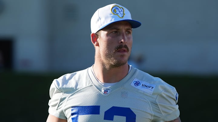 Jul 23, 2025; Los Angeles, CA, USA; Los Angeles Rams linebacker Nate Landman (53) during training camp at Loyola Marymount University. Jul 23, 2025; Los Angeles, CA, USA; Los Angeles Rams linebacker Nate Landman (53) during training camp at Loyola Marymount University.
