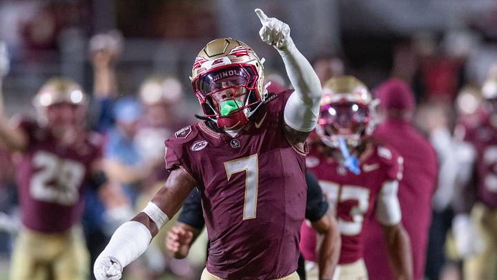 Florida State Seminoles defensive back Ashlynd Barker (7) celebrates a Florida State Seminoles first down. The SMU Mustangs defeated the Florida State Seminoles 27-24 at Doak Campbell Stadium after a game that kicked off on Monday, Sept. 7, 2026.