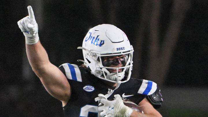 Nov 29, 2025; Durham, North Carolina, USA; Duke Blue Devils linebacker Luke Mergott (34) reacts after recovering a fumble against the Wake Forest Demon Deacons during the fourth quarter at Wallace Wade Stadium. Mandatory Credit: Zachary Taft-Imagn Images Nov 29, 2025; Durham, North Carolina, USA; Duke Blue Devils linebacker Luke Mergott (34) reacts after recovering a fumble against the Wake Forest Demon Deacons during the fourth quarter at Wallace Wade Stadium. Mandatory Credit: Zachary Taft-Imagn Images