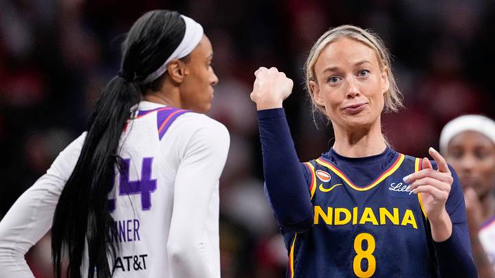 Indiana Fever guard Sophie Cunningham (8) points to Phoenix Mercury forward-guard DeWanna Bonner (24) 