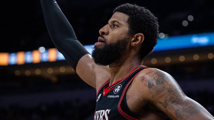 Apr 10, 2026; Indianapolis, Indiana, USA; Philadelphia 76ers forward Paul George (8) shoots the ball  in the second half against the Indiana Pacers at Gainbridge Fieldhouse. Mandatory Credit: Trevor Ruszkowski-Imagn Images