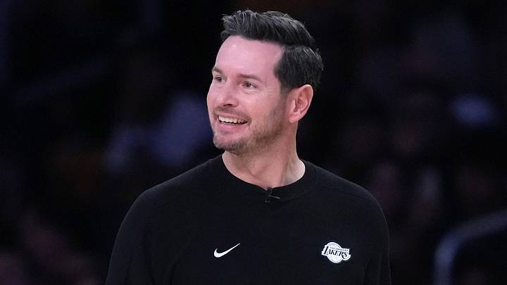 Apr 18, 2026; Los Angeles, California, USA; Los Angeles Lakers head coach JJ Redick reacts during game one of the first round of the 2026 NBA Playoffs against the Houston Rockets at Crypto.com Arena. Mandatory Credit: Kirby Lee-Imagn Images