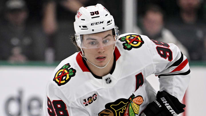 Mar 8, 2026; Dallas, Texas, USA; Chicago Blackhawks center Connor Bedard (98) skates against the Dallas Stars during the third period at the American Airlines Center. Mandatory Credit: Jerome Miron-Imagn Images Mar 8, 2026; Dallas, Texas, USA; Chicago Blackhawks center Connor Bedard (98) skates against the Dallas Stars during the third period at the American Airlines Center. Mandatory Credit: Jerome Miron-Imagn Images