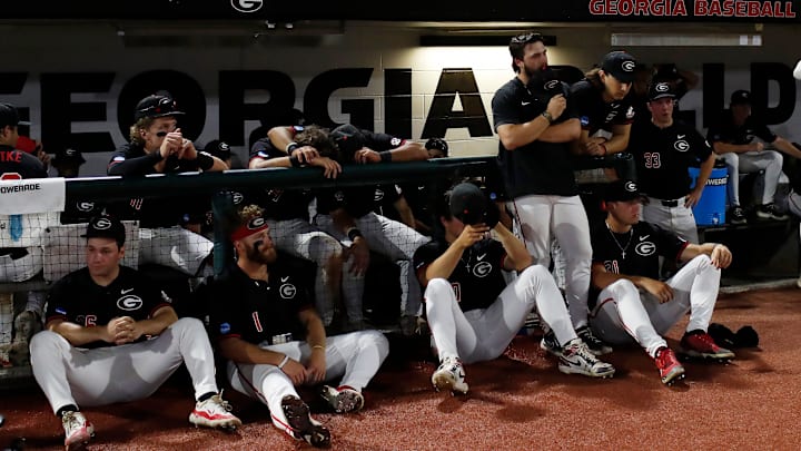 George players react after losing Game 3 of the Super NCAA Regional against NC State at Foley Field on Monday, June 10, 2024 in Athens, Ga. NC State won 8-5.
